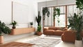 Love for plants concept. Minimal modern living room interior design in white and orange tones. Parquet, sofa and many house plants Royalty Free Stock Photo