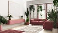 Love for plants concept. Minimal modern living room interior design in white and red tones. Parquet, sofa and many house plants. Royalty Free Stock Photo