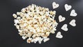 Love popcorn concept. Horizontal photo. Sweet food. Classic salted popcorn