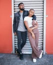 Love portrait, black couple and hug in city, street or outdoors while bonding on valentines day. Romance, support and Royalty Free Stock Photo