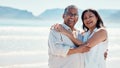 Love, portrait and old couple hug on beach, embrace and romance in happy relationship and mockup. Romantic retirement Royalty Free Stock Photo