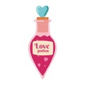 love potion. Rpg fantasy magic spell heart elixir. Chemistry glass bulb, pink liquid. Witch alchemy bottle, love vial Royalty Free Stock Photo