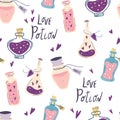 Love potion seamless pattern. Hand draw cartoon magic bottles. Witchcraft symbols texture. Halloween design. Perfect for wrap