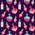 Love potion seamless pattern. Hand draw cartoon magic bottles. Witchcraft symbols texture. Halloween design. Perfect for Royalty Free Stock Photo