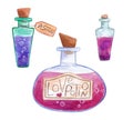 Love potion set Watercolor bottles with potion Witch set