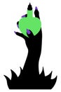 Love potion. Silhouette of a witch`s hand holding a vessel in the shape of a heart. Green bottle of love potion. Vector
