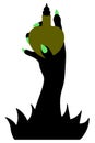 Love potion. Silhouette of a witch`s hand holding a vessel in the shape of a heart. Green bottle of love potion.