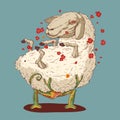 Love Power, vector illustration. Unusual couple in love. Small chameleon holding big sheep in his arms. Royalty Free Stock Photo