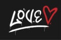 Love quote with heart. Urban street graffiti style with splash effects and drops in red and white on black background