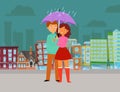 Love In Rain Valentines Day Romantic Scene. Couple Young Boy And Girl With Umbrella In City In The Rain Cartoon Vector