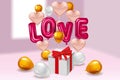 Love red helium metallic glossy balloons realistic text, box gift, inerior, heart shape flying pink golden balloons