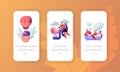 Love, Relation Concept for Mobile App Page Onboard Screen Set. Man and Woman Take Bath, Fly on Air Balloon, Push Baby Stroller