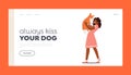 Love, Relationship with Animal Landing Page Template. Girl Holding Cute Puppy on Hands, Kid Hug and Kiss Funny Korgi Dog