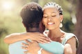 Love, relax and happy couple hug in nature for a save the date wedding announcement. Young man and woman happiness from