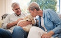 Love, relax and retirement couple with dog pet on living room sofa together in house. Senior, happy and married Royalty Free Stock Photo