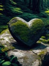 Heart-shaped Stone with moss, on top of a rock in the middle of a forest with trees. Stone of love. Generative AI
