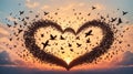 Love and romance concept of a flock of birds flying in a heart formation with a a sunrise or sunset behind them Royalty Free Stock Photo