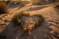 A heartshaped plant grows in the sand at sunset in the desert, Generative AI