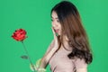 Love and romance on Valentines day. Surprised young Asian woman holding rose over green isolated background