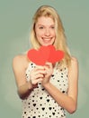 Love and romance. Woman cheerful girl hold heart valentines decoration. Happy valentines day. Valentines day attribute