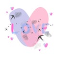 Love romantic doodles hand drawn lettering, background heart. Vector illustration in soft pastel colors, flock of swallows, spots