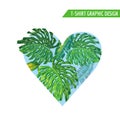 Love Romantic Floral Heart Spring Summer Design with Monstera Palm Leaves for Prints, Fabric, T-shirt, Posters. Tropical