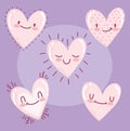 Love romantic hearts cartoon happy expression icons purple background