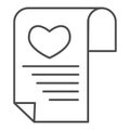 Love or romantic letter thin line icon. Newspaper with heart and lines symbol, outline style pictogram on white