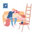 Love Romantic Relations. Young Loving Couple Hugging Sitting on Couch at Home. Man Embrace Woman Sitting on Sofa