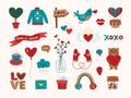 Love romantic stickers. Cute sticker for letter or diary, postcards patch kit. Heart and bouquet, rainbow and cartoon Royalty Free Stock Photo