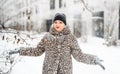 Love romantic winter photoshoot. Blonde beautiful pretty Caucasian European woman, girl in stylish clothes,fur leopard