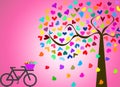 Love in romatic scenery with colorful tree and bicycle on pink b