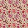 Love and roses. Seamless pattern. Delicate pink and red flowers - roses and many different hearts on a light background Royalty Free Stock Photo