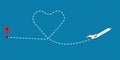 Love route path flight airplane vector illustration. Line heart trace romantic. Business jet track dotted way design vacation