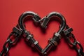Love's Energy: A heart-shaped metal chain linked by jumper cable clamps against a red backdrop, representing the Royalty Free Stock Photo