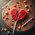 Conceptual Broken Lollipop Heart Illustrating Unrequited Love or Divorce for Valentines Day. Generative ai for illustrations