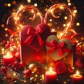 Greeting Card or Background Featuring Two Red Hearts Amidst Festive Lights for Valentines Day. Generative ai for illustrations Royalty Free Stock Photo