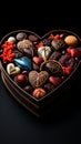 Love\'s sweet embrace, Heart-shaped box holding scrumptious chocolate candies on black