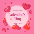 Love sale banner. Valentines day discount poster with realistic hearts. Romantic season special offers vector flyer