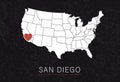 Love San Diego Picture. Map of United States with Heart as City Point. Vector Stock Illustration