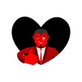 Love of Satan. Devil and black heart. Thumb up. Red Daemon