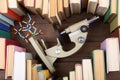 Love science concept. Heart shape of books, microscope and molecule model on wooden desk. Take a degree in natural Sciences