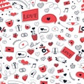 Love seamless pattern with black and red icons for valentine day or wedding in doodle style, love you lettering