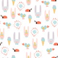 Love seamless pattern with rabbits boy and girl, ladybag, ice-cream and diamond.