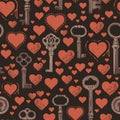Love seamless pattern with red hearts and old keys Royalty Free Stock Photo