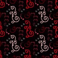Love seamless pattern. Red hearts and swirls on black background Royalty Free Stock Photo