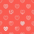 Love Seamless romantic pattern. Hearts on red background. Vector illustration in linear hand drawn doodle style for Royalty Free Stock Photo