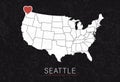 Love Seattle Picture. Map of United States with Heart as City Point. Vector Stock Illustration