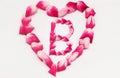 Love Shape Rose petal letter B Background image on white background. Letter B into Love shape