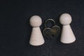 Love shaped padlock between wooden figurines of people Royalty Free Stock Photo
